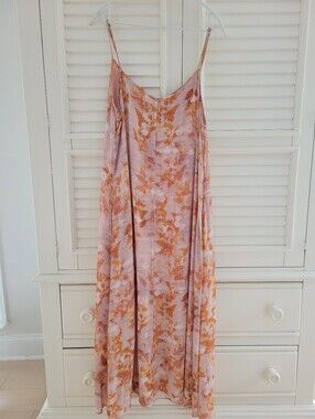 Peruvian Connection Pink Maxi Slip Dress with Orange Floral Print Size M